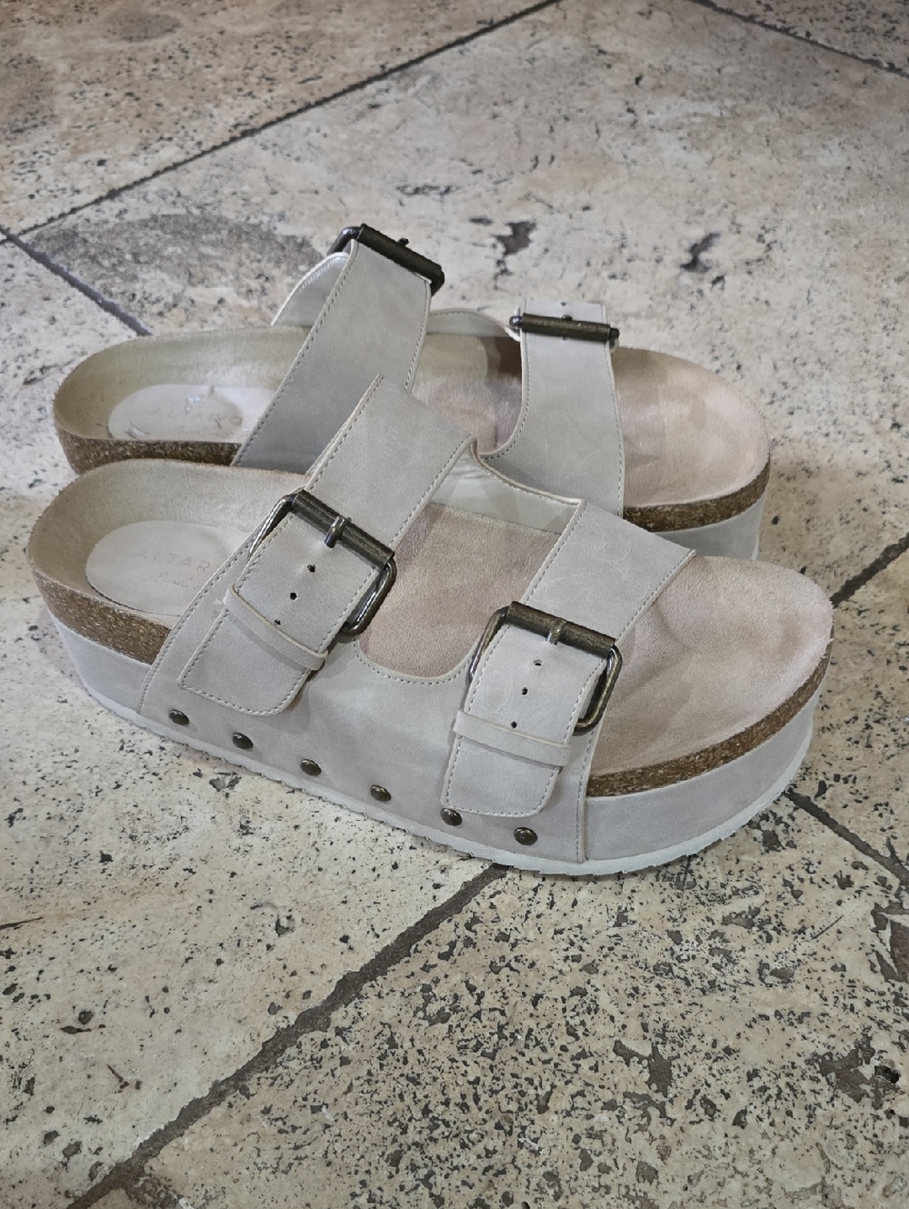 Altar'd State Light Beige Double Buckle Platform Sandals